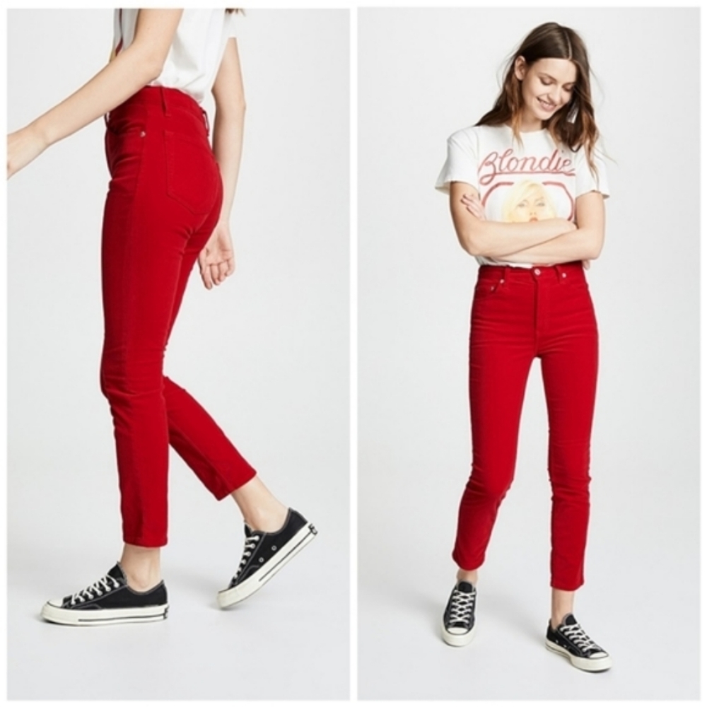 Re/Done Cherry Red Velvet High Rise Ankle Pants - Picture 5 of 6